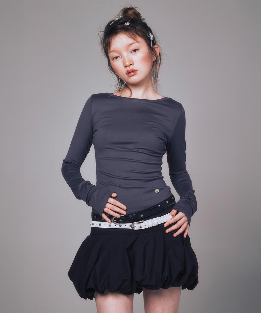 YOUHEE Basic Boat Neck Long Sleeve Charcoal
