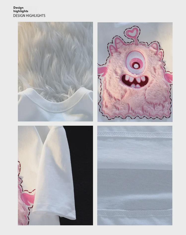 Женская розовая футболка из хлопка с вышитым ретро-монстром, с короткими рукавами, в стиле High Street Fashion, свободного кроя