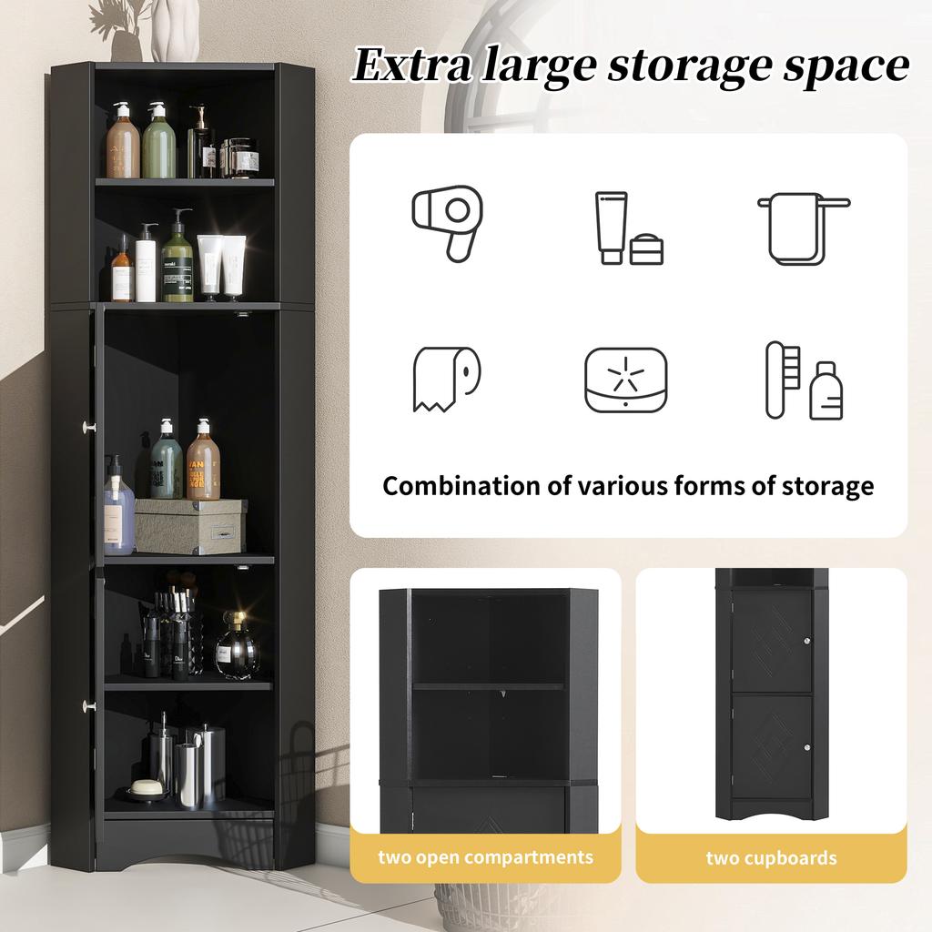 Bathroom Cabinet, Bathroom Furniture, Corner Cabinet with Two Storage Compartments, Open Compartment with Adjustable Shelf, 36.5x 36.5 x 155 cm, Black