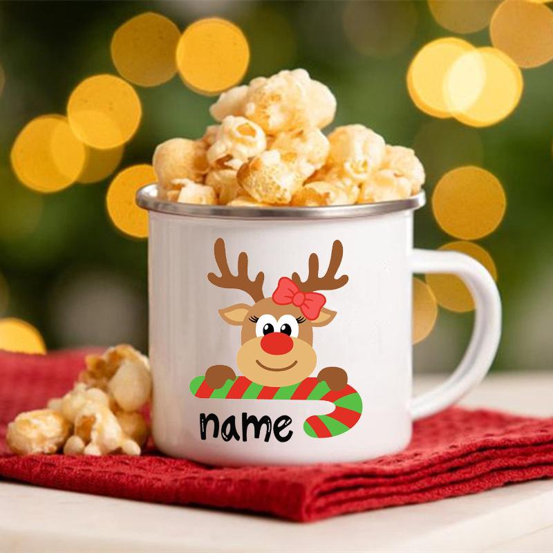 Персонализированная кружка с изображением оленя для братьев и сестер, рождественские эмалированные чашки с индивидуальным именем, кружки с ручкой для шоколадного напитка, сока, подарки для ребенка