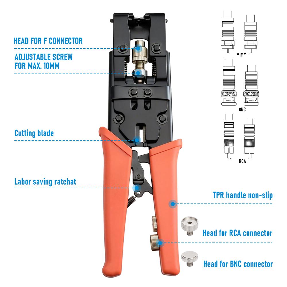 Coaxial Compression Crimper Tool Kit, RG6 RG58 RG59 Crimp Pliers for F BNC RCA Connectors with RG6 RG11 Cable Stripper
