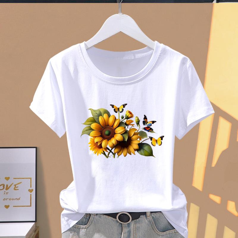(Азиатский размер) Футболка с рисунком T Бабочка Цветок Прекрасная одежда 90-х годов Повседневная модная женская футболка с принтом Повседневная женская футболка с коротким рукавом