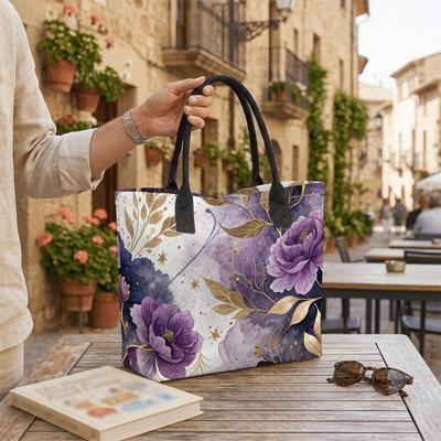 Purple Floral Printed Tote Bag Fashion Casual Large Capacity Ladies Handbag
