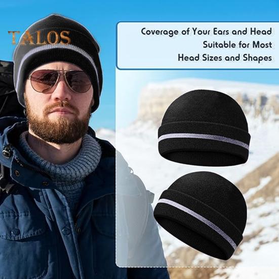 Men Outdoor Hat with Reflective Stripe High Elasticity Keep Warm Solid Color Folded Brim Nocturnal Sport Cap High-Visibility Knitted Headwear for