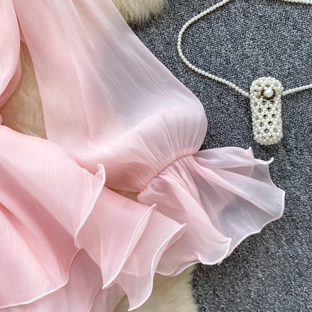 Sweet Pink 3D Floral Beach Short Dress Female Long Sleeves Lace Up Ruffle Chiffon Cake Sundress Sheer Sexy Vintage Bohemian Dress