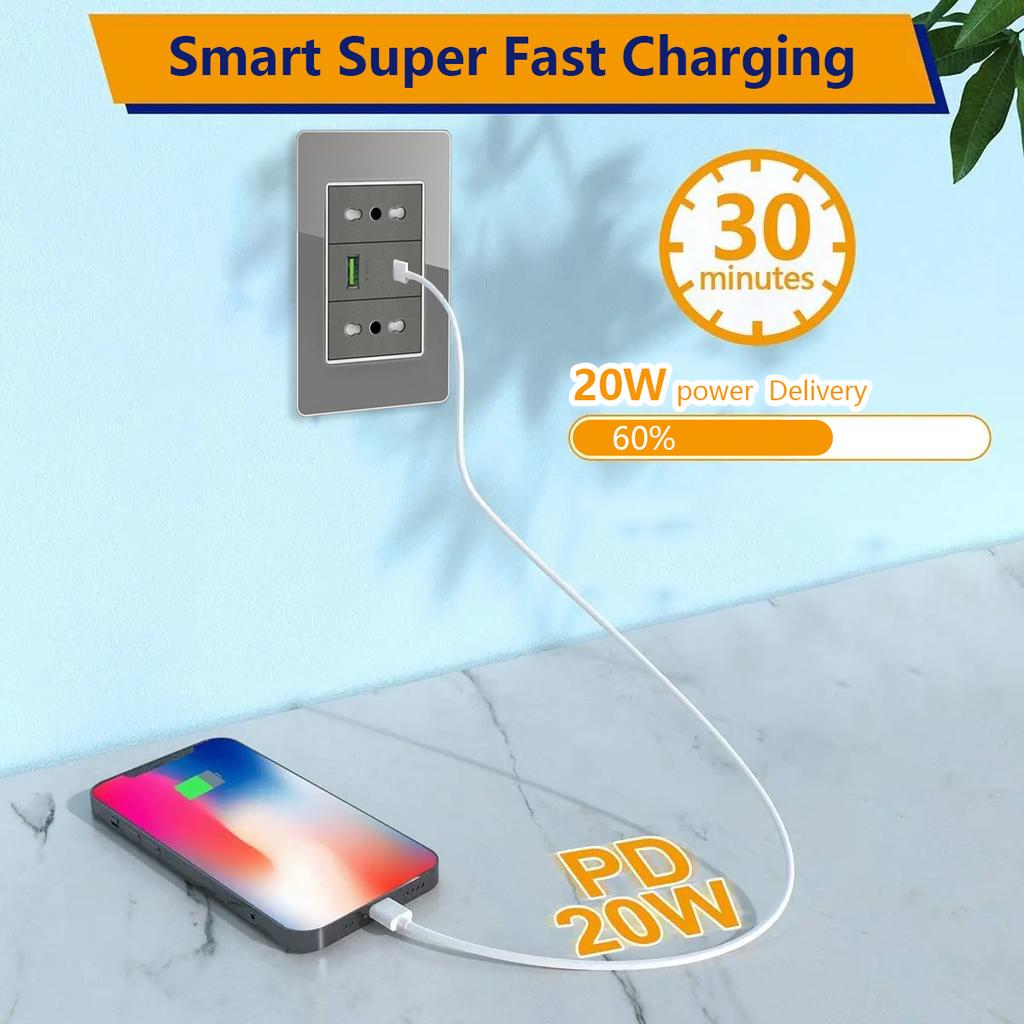 Italy Chile Socket with USB Smart Type-c 20W Fast Charging Glass Wall Electric Light Switch,Thai US Brazil Dual USB Power Socket
