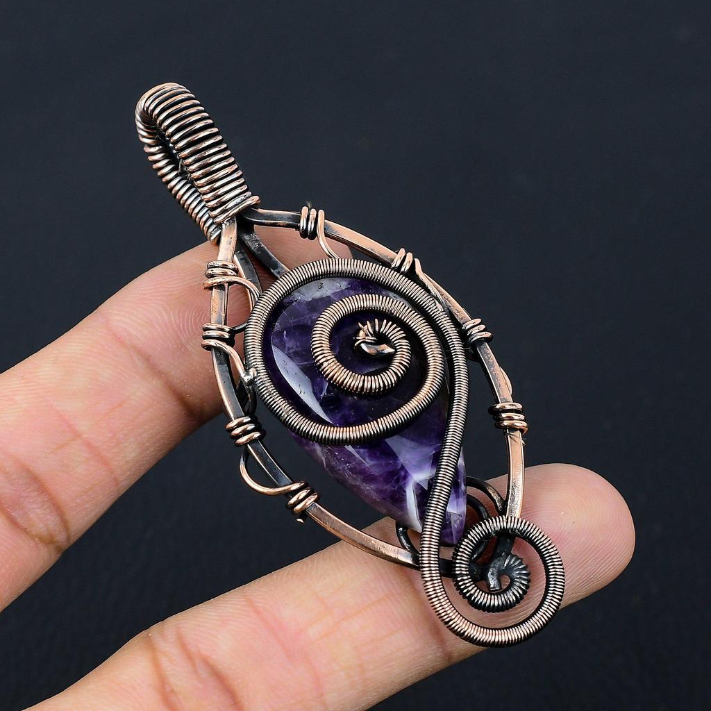 Sage Amethyst Gemstone Pure Copper Wire Wrapped Handmade Pendant Jewelry