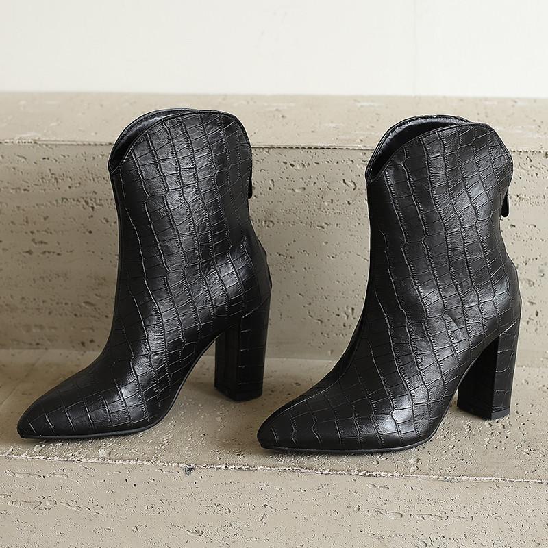 Women's High-heeled Short Boots Autumn and Winter New Solid Color Crocodile Pattern Thick Heel Large Size Pointed Short Boots