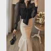 Women's Black Fishtail Skirt & Long-Sleeve Shirt Two-Piece Set - Early Spring 2024