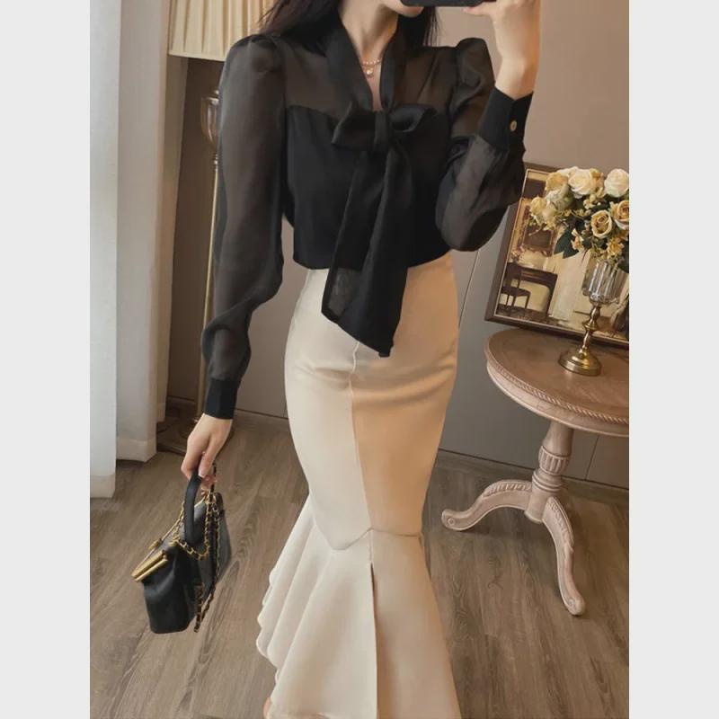 Women's Black Fishtail Skirt & Long-Sleeve Shirt Two-Piece Set - Early Spring 2024