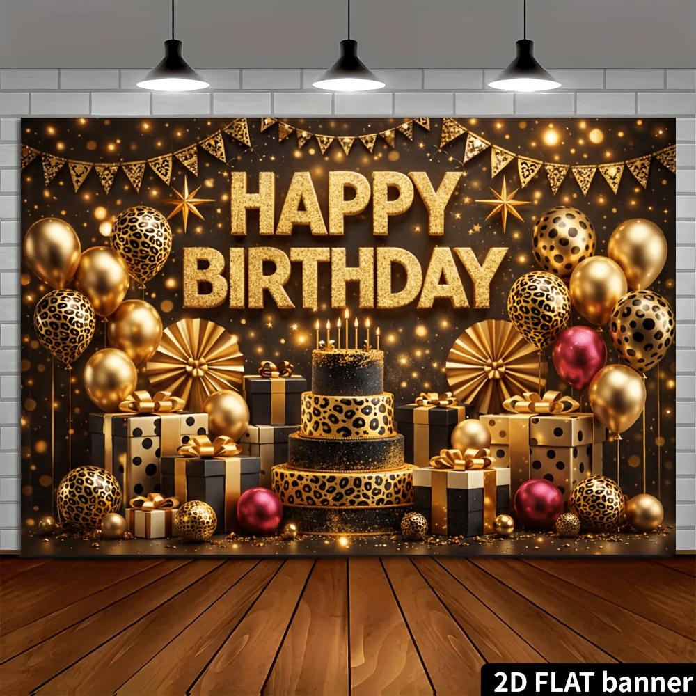 Black Gold Leopard Birthday Banner Backdrop, Happy Birthday Leopard Balloon Cake Gift Flag Foil, Polyester, Party Decor
