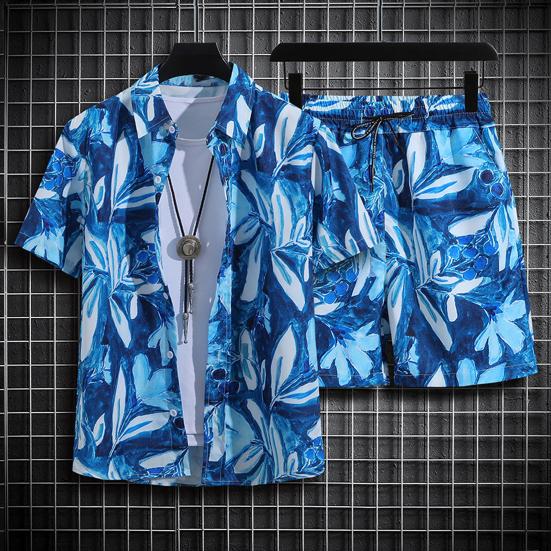 2 шт./комплект мужской пляжный наряд однобортная рубашка с лацканами и коротким рукавом эластичный шнурок на талии широкие шорты комплект