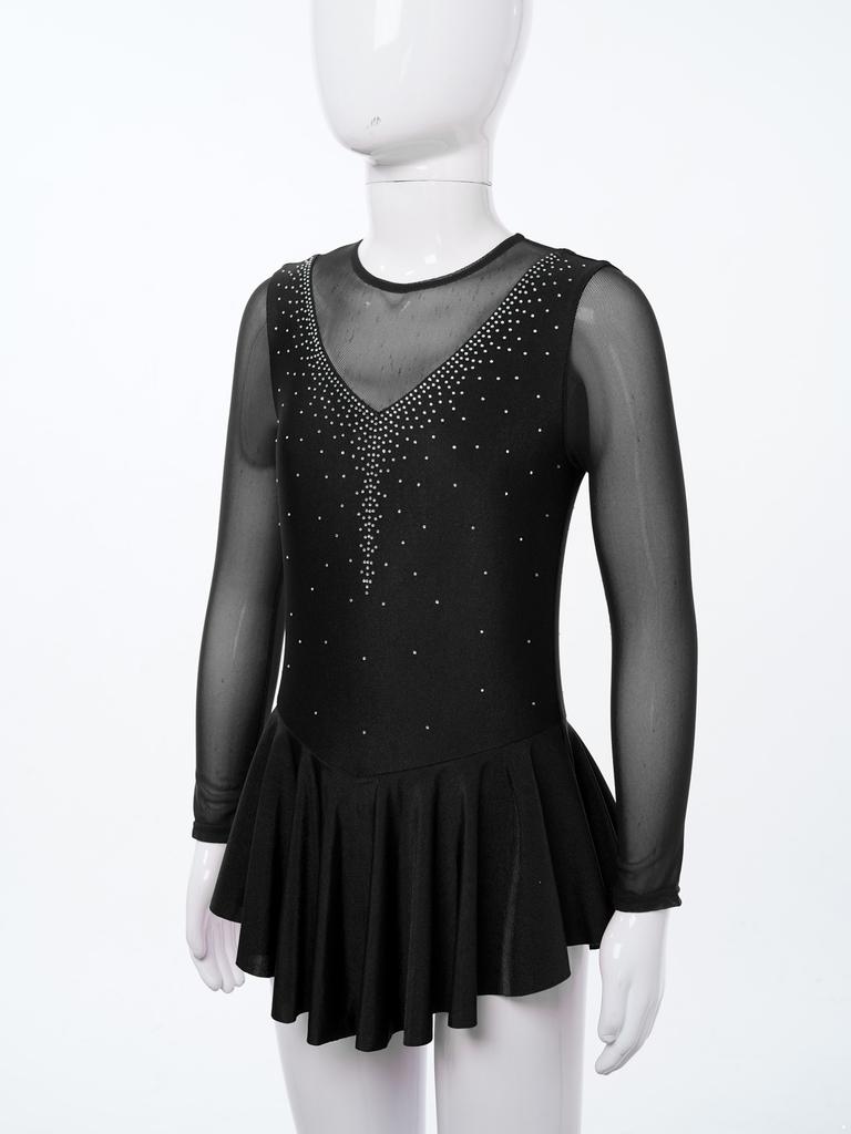 Kids Girls Stylish Dress Long Sleeve Sparkly Rhinestone Patchwork Style Gymnastics Leotard Dress Dancewear