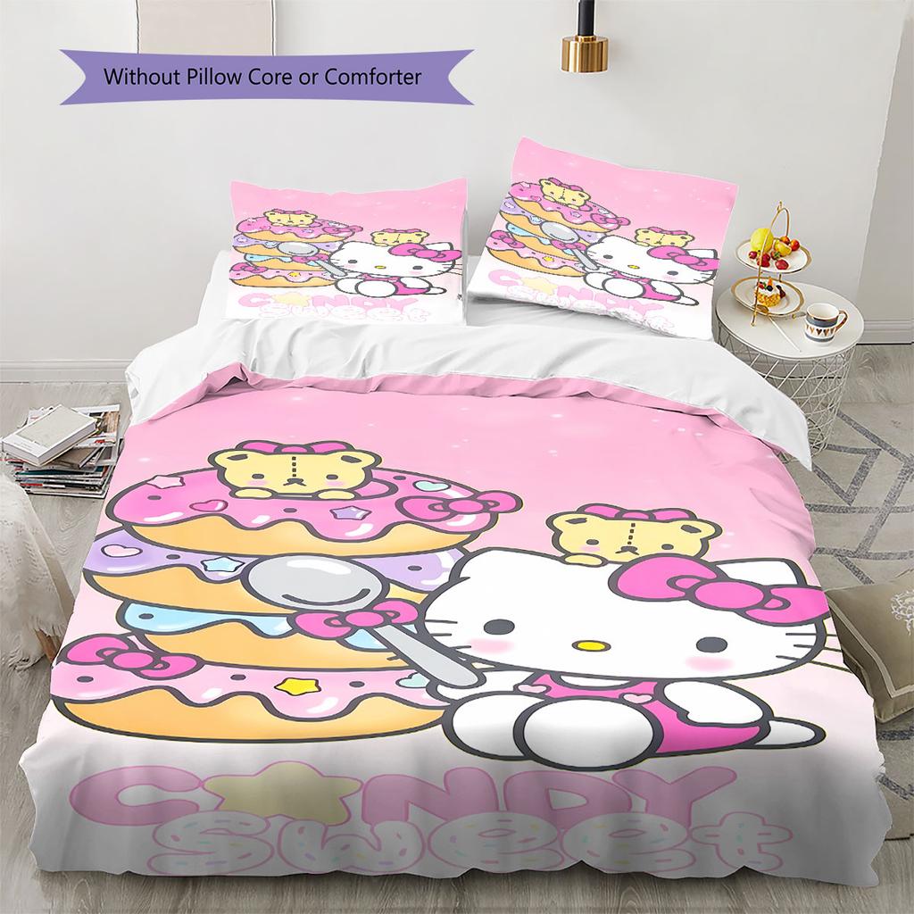 3-piece cartoon Hello Kitty print coreless bed sheet set, comfortable bedspreads in various sizes, bedroom bedding decoration.