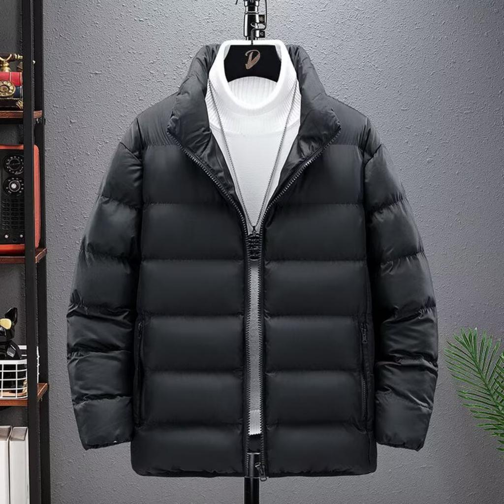 Men's Casual Solid-color Stand-up Collar Cotton-padded Jacket, Men's Thick And Warm Long-sleeved Coat With Added Cotton