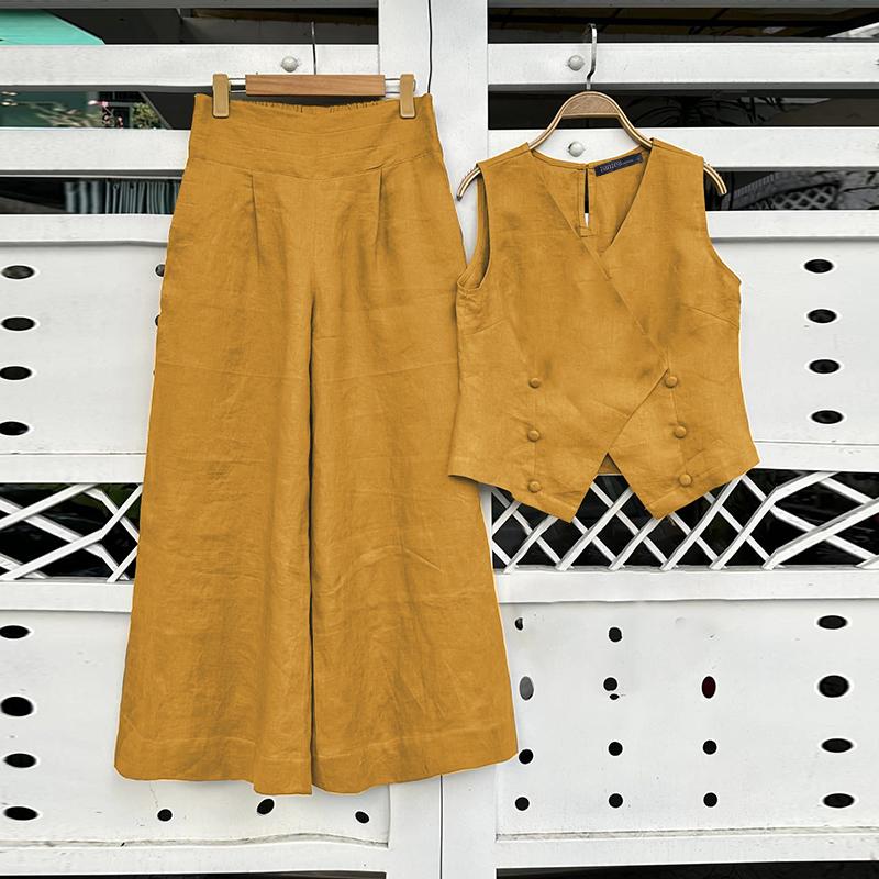 ZANZEA Женские повседневные комплекты с v-образным вырезом без рукавов, однотонный свободный топ, широкие брюки