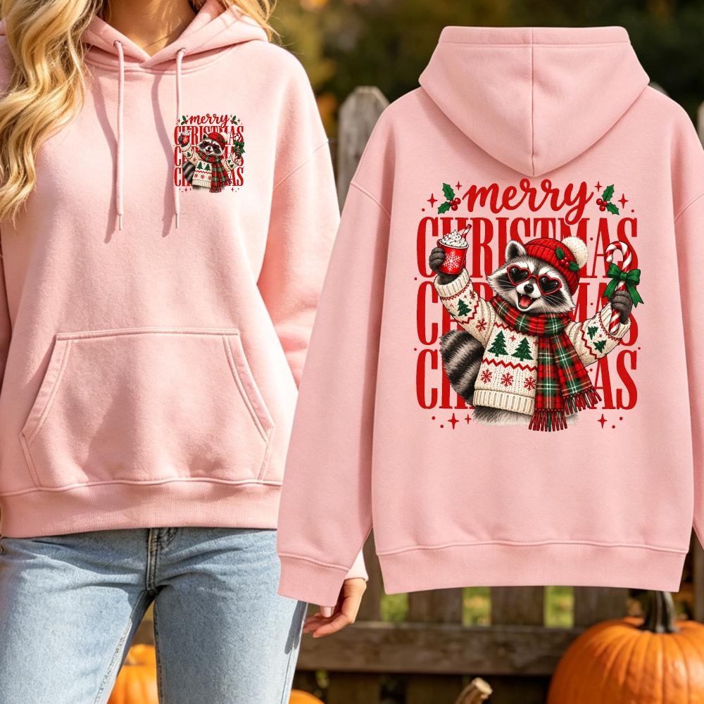 Merry Christmas Raccoon Hoodie Cute Heart Sunglasses Hot Cocoa Graphic Sweatshirt Winter Scarf Sweater Unisex Pullover Tops