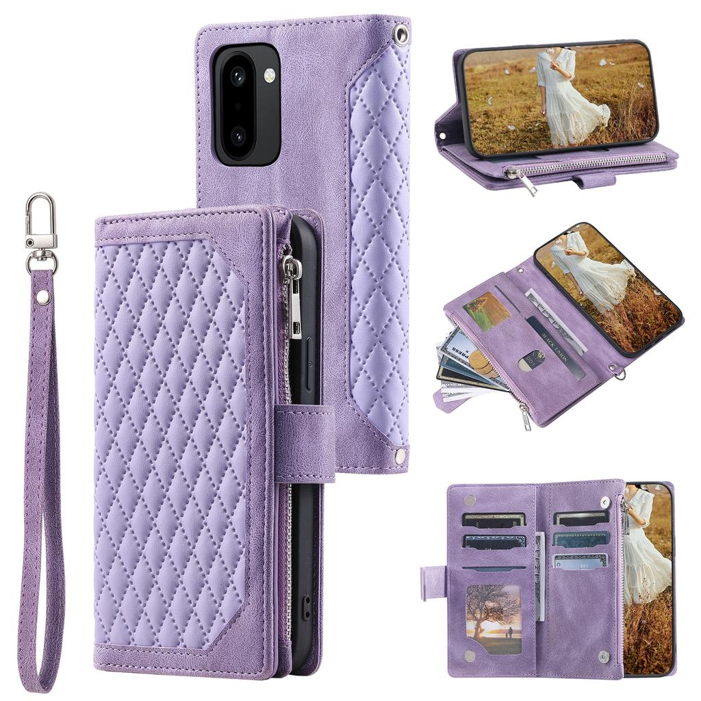 For OnePlus 15R 5G Wallet Case Rhombus Stitching Line PU Leather Phone Cover with Wrist Strap