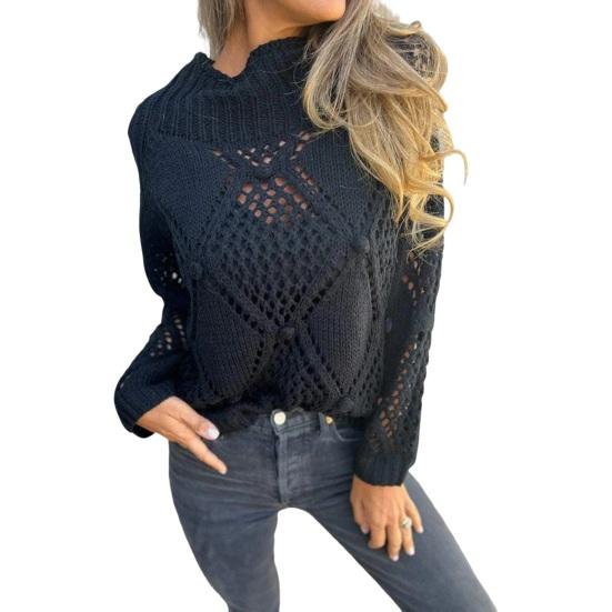 Женский свитер с круглым вырезом и длинным рукавом, ажурный дизайн, жаккардовый декор, вязаные топы, однотонный свободный покрой, повседневный свитер