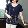 Women Loose V Neck Short Sleeve Printed Cotton T Shirt Middle Aged Mom Casual Top
