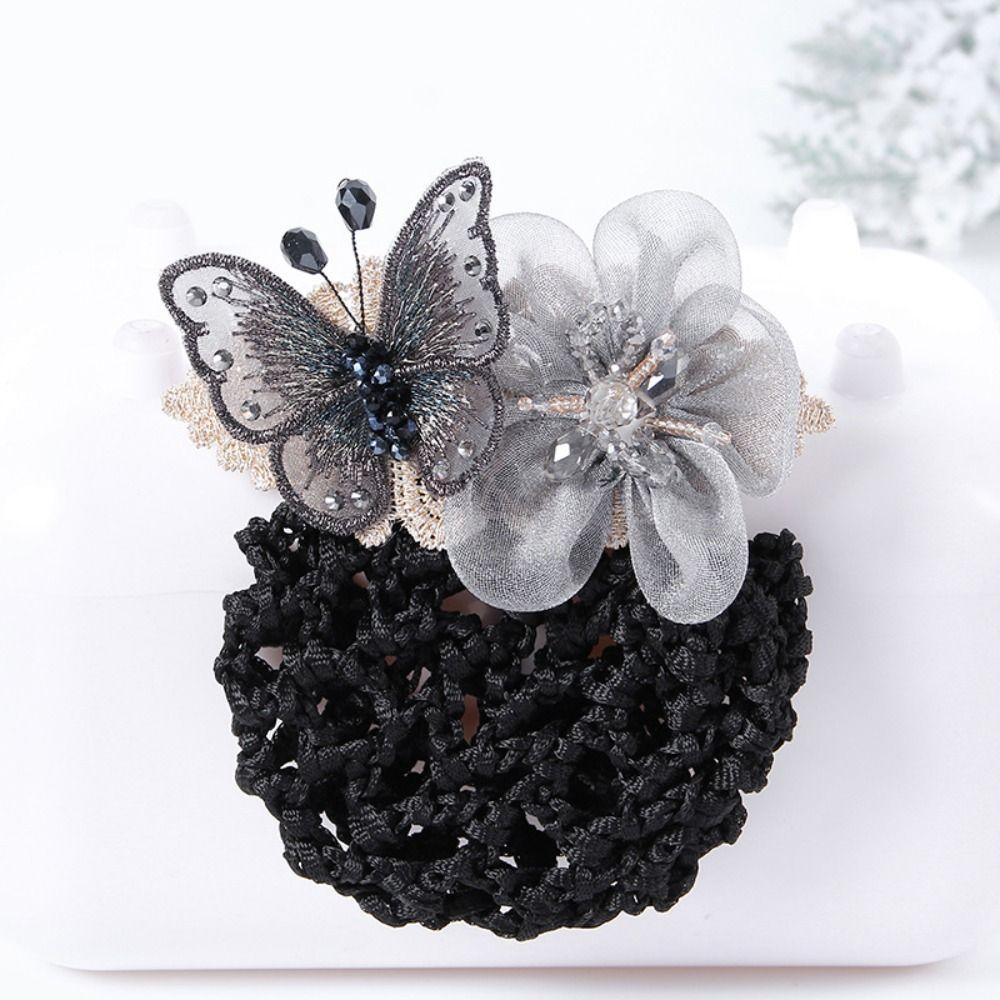 Rhinestone Beads Decor Elastic Hair Net Butterfly Flower Office Hair Flower Hotel Staff Uniform