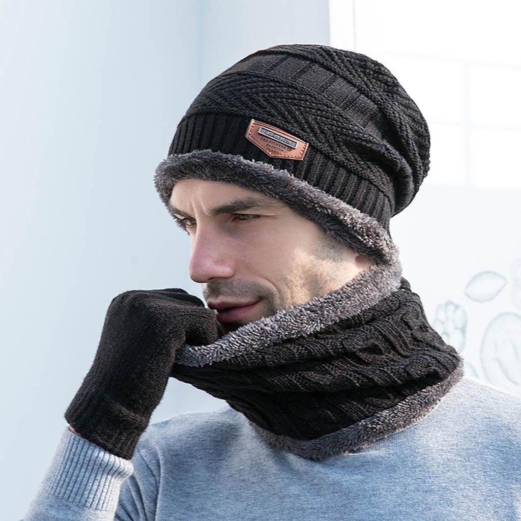 New Winter Men Simple And Stylish Knitted Hat Scarf And Gloves Winter Solid Warm Knitted Set Winter Warm Gifts For Male