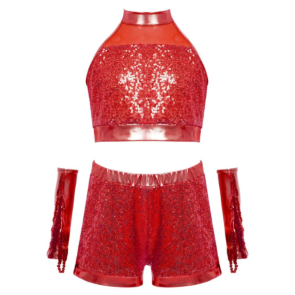 Girls Shiny Sequin Crop Top Keyhole Back Sleeveless Shorts Metallic Gloves Tassels Stage Costume