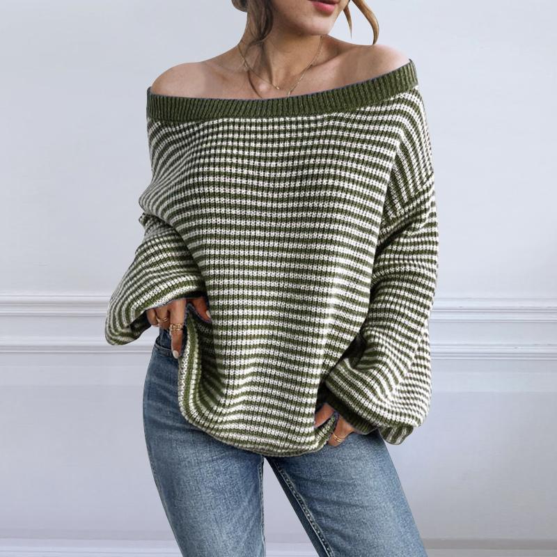 VONDA Женские осенние пуловеры и джемперы с открытыми плечами, длинными рукавами и полосатым узором