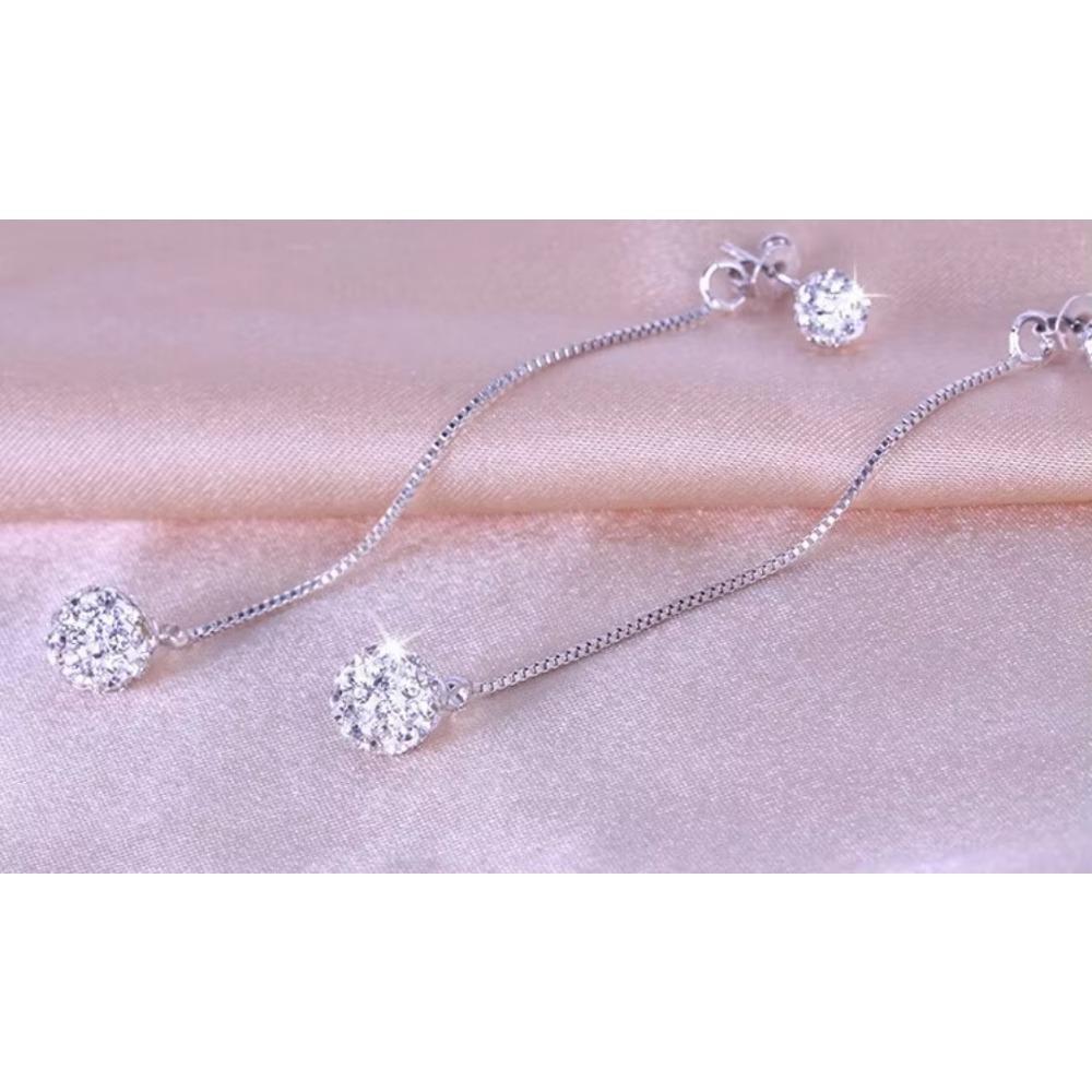 High Quality 925 Silver Rhinestone Earrings Double Crystal Ball Long Tassel Stud Earrings Brincos De Prata For Women