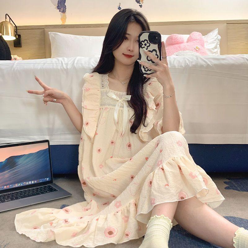 Пижамы для женщин летом милые тканые хлопковые пижамы в стиле принцессы с короткими рукавами для женщин летом тонкая весенне-осенняя домашняя одежда