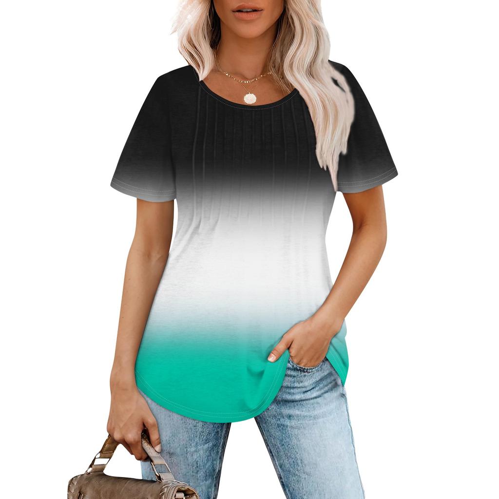 Women's Fashionable Casual Pleated Round Neck Gradient Printed Short Sleeved T-shirt Top