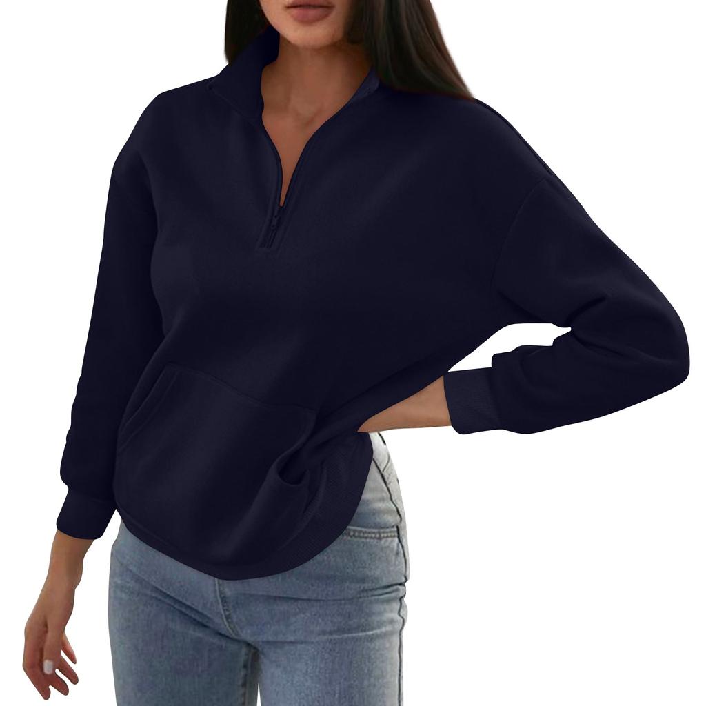 Women's Fashion Autumn And Winter Solid Colour Zipper Pocket Standing Collar Casual Sweatshirt