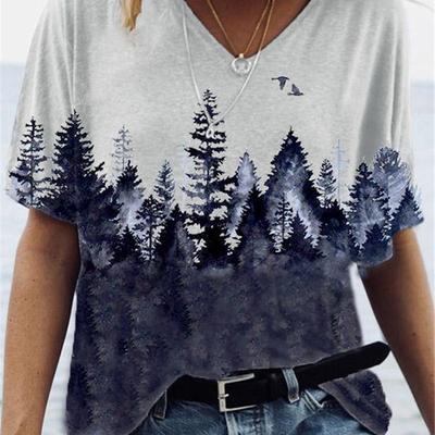 Модные весенние блузки с лесным принтом, футболки с коротким рукавом и V-образным вырезом, повседневные