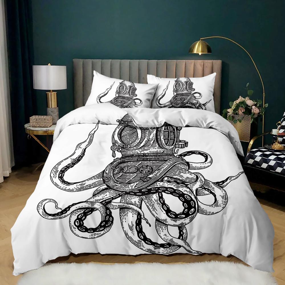 Cartoon Octopus Duvet Cover Set King Queen Size Sea Animal Bedding Set Red Blue 3D Print Microfiber Polyester Comforter Cover
