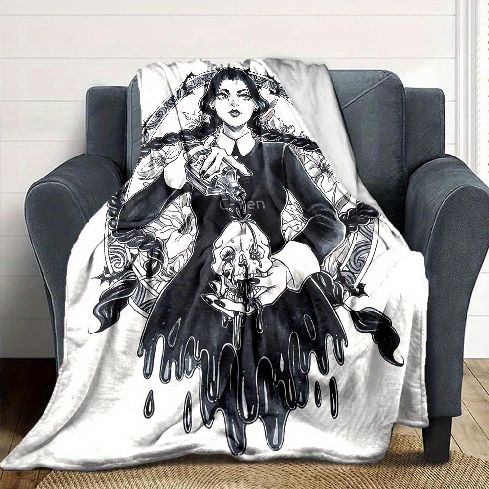 1pc Flannel Blanket, Gothic,Wednesday,Skull Pattern Printed Blanket, Sofa Bed Sofa Car Office Camping Travel Warm And Comfortable Soft Blank