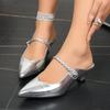 Silver Vintage Pointed Toe Mules Slippers Women 2025 Summer Weaving Strap Close Toe Low Heel Slippers Vintage Jazz Shoes Size 43