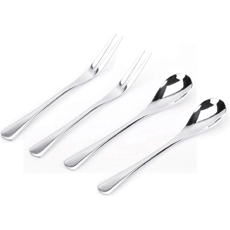 VANRA 5in 4-Piece Flatware Set - Silver Stainless Steel - 2 Forks and 2 Spoons - Salad, Teaspoon, Cocktail, Coffee, Serving, Appetizer