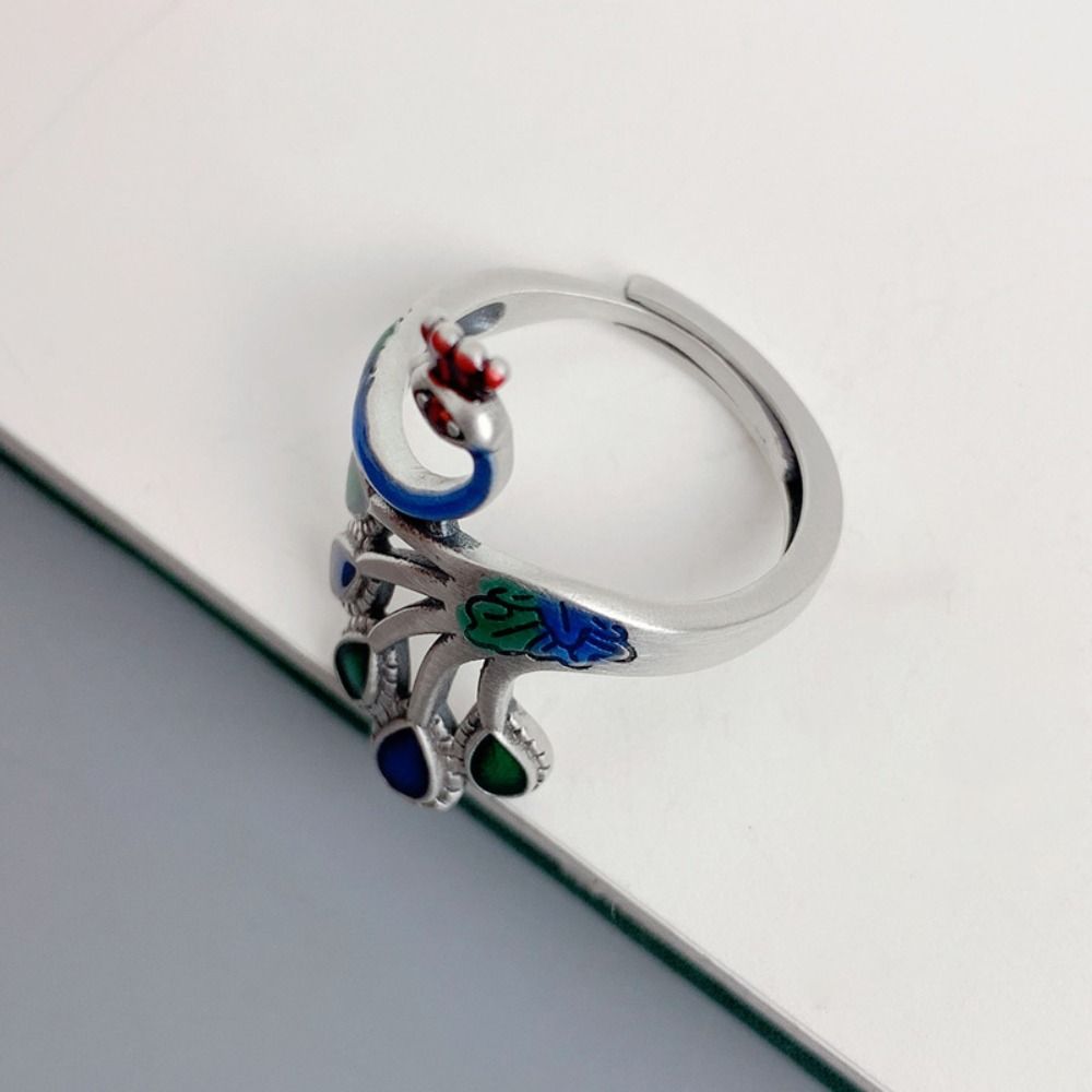 Personality Peacock Open Rings Exaggerated Alloy Women Finger Rings Ancient silver Gothic Enamel Retro Ring Punk