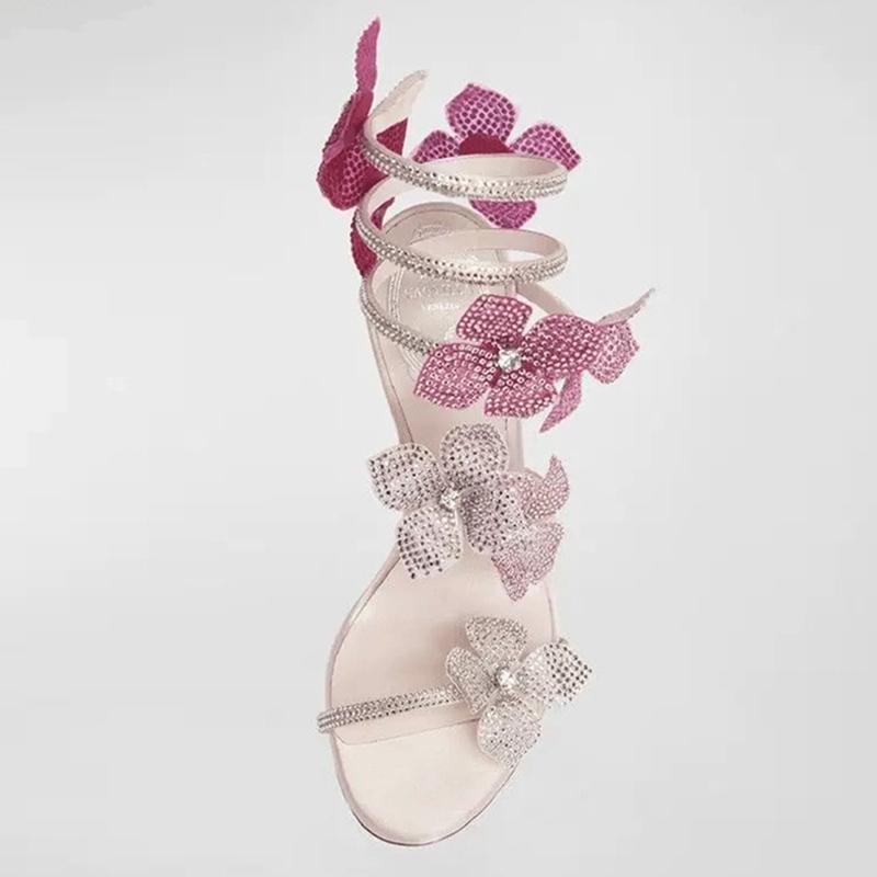 Liyke Elegant Women Party Wedding Prom Shoes Fashion Crystal Rhinestone Flowers Ankle Snake Twine Around Strap Sandal High Heels