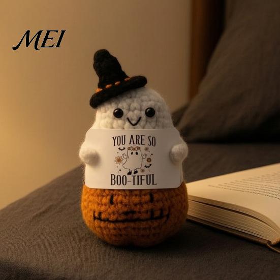 Thoughtful Care Package for Friends Hand Knitted Halloween Ghost Ornament, Crochet Plush Doll with Cute Desk Ornament Encouragement Card, Desktop