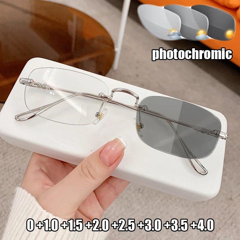 Luxury Rectangular Photochromic Reading Glasses Fashion Outdoor Color Changing Presbyopia Eyeglasses Diopter 0 To +4.0 Eyewear