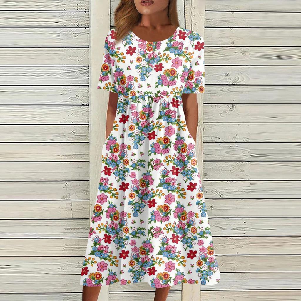 Жен. Повседневные платья Платья с принтами Летние платья С принтами Плиссированные платья-миди с круглым вырезом Классический Классический На открытом воздухе Повседневные С короткими рукавами Свободные платья
