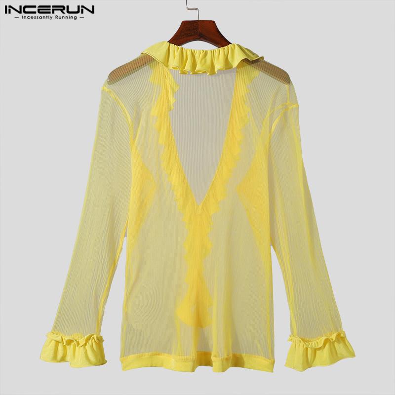 INCERUN Мужские рубашки с глубоким V-образным вырезом и длинным рукавом, оборками и сетчатыми вставками, прозрачные топы