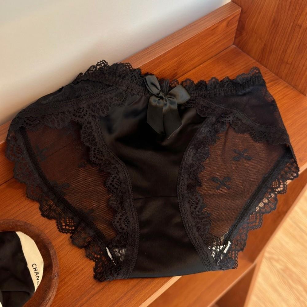 Breathable Low Waist Lace Panties Transparent Cotton Crotch Mesh Flower Briefs Lingerie Bow Lace Thin Underwear Lady