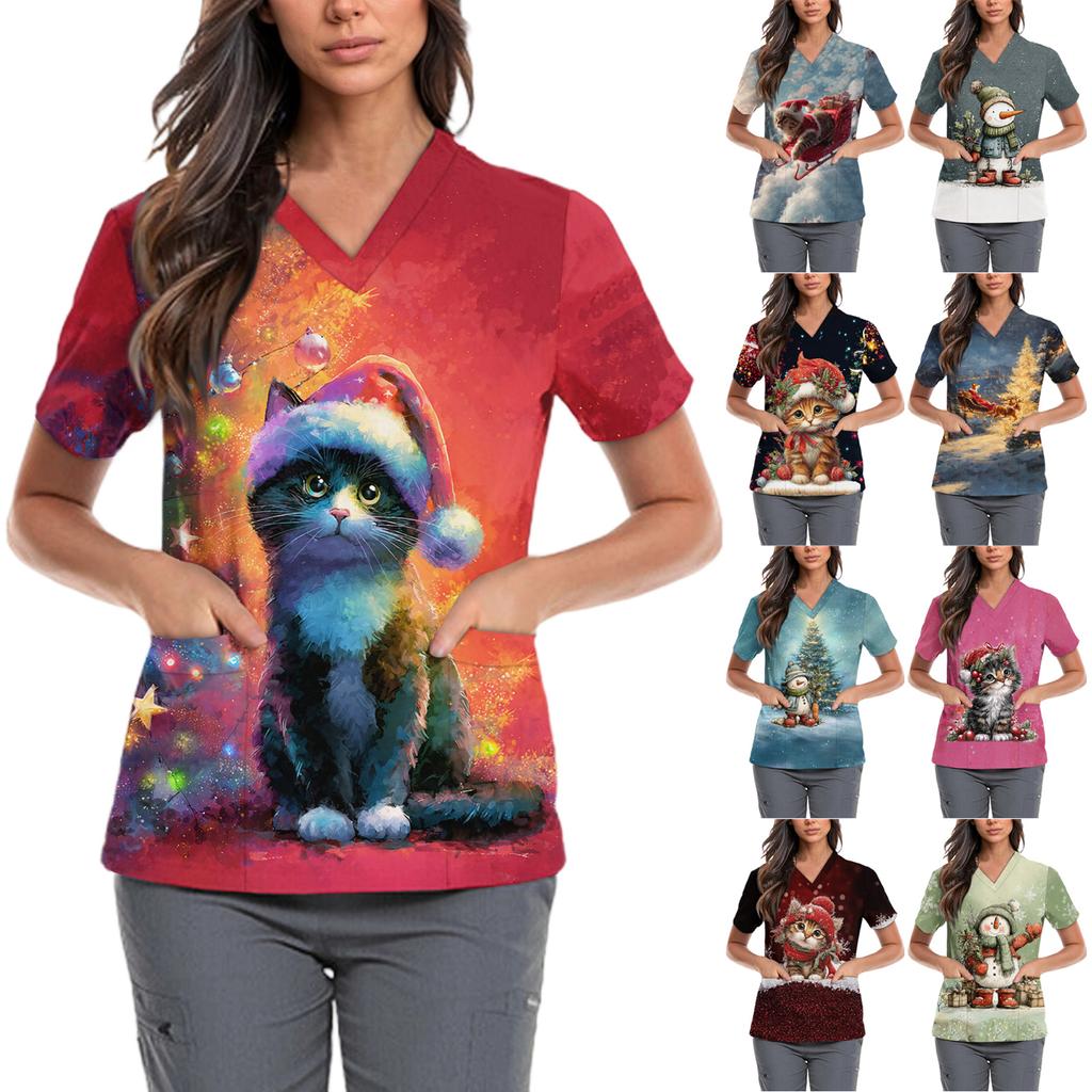 Женская милая блузка с принтом бантиков, рабочая одежда, V-образный вырез, двойной слой, карманы, базовая, с коротким рукавом, пуловер