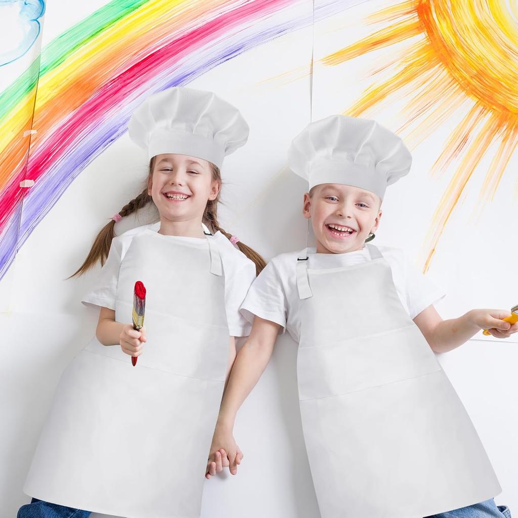 2 Pack Kids Chef Apron and Hat, Adjustable Kitchen Cooking Apron with Two Pockets for Girls Boys
