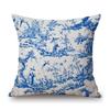 Navy Blue Delft Blue Toile De Jouy Pattern Design Royal Elegant Home Decorative Sofa Throw Pillowcase Cotton Linen Cushion Cover