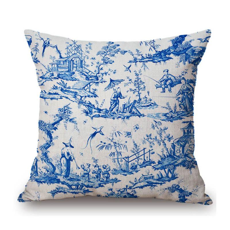 Navy Blue Delft Blue Toile De Jouy Pattern Design Royal Elegant Home Decorative Sofa Throw Pillowcase Cotton Linen Cushion Cover