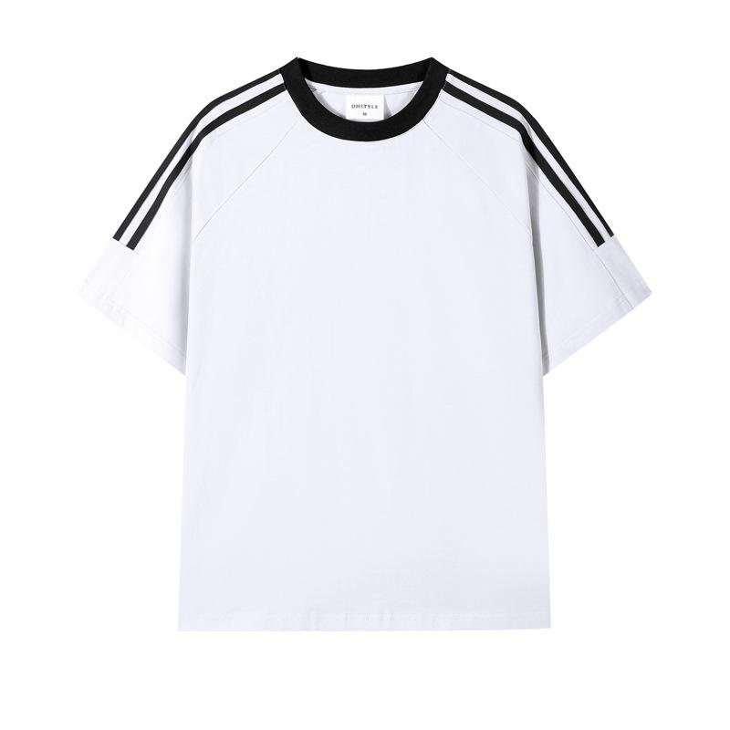 Футболка унисекс из плотного хлопка, однотонная, в американском спортивном стиле, с коротким рукавом и лентой из трех полос, летняя одежда