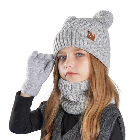 Kids Winter Hat Gloves Scarf Set Cold Weather Knitted Bear Hat with Pom Fleece Lined Neck Warmer Mitten Set for Girls Boys Ages 4-10